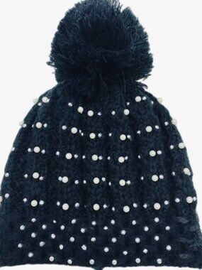 NWT Pearl black beaded Pom Pom black beanie hat